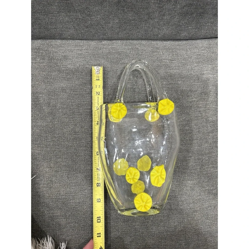 Vintage Art Glass Purse Vase Clear‎ with Yellow Flower Accents Hand Blown 9.5